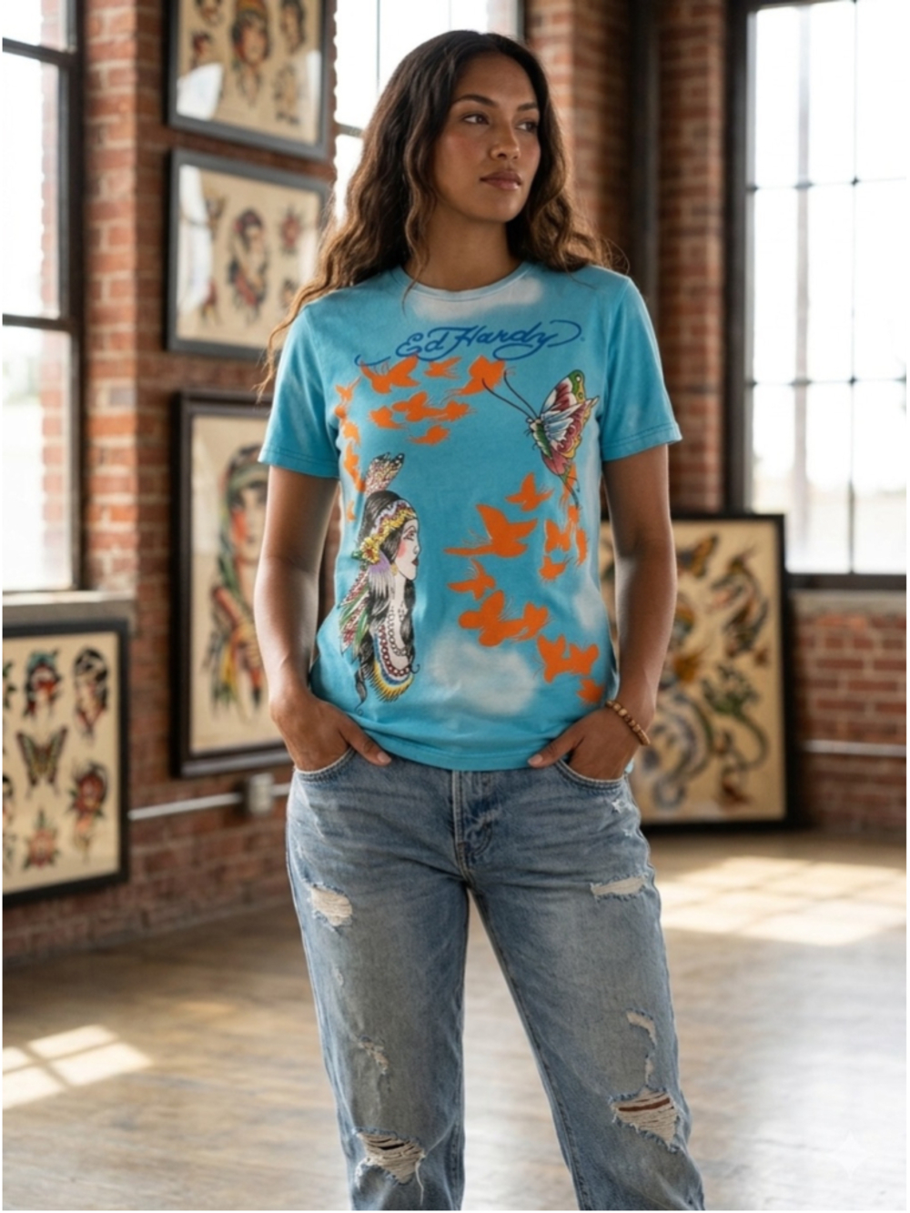 Ed Hardy Vintage Y2K Blue Graphic T-Shirt Butterfly Native Woman Size S/M 1926